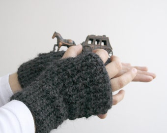 Unisex Charcoal Hand Knitted Fingerless Gloves  For Men for women / Christmas  gift / Under Usd 25 / Outdoors  Gift