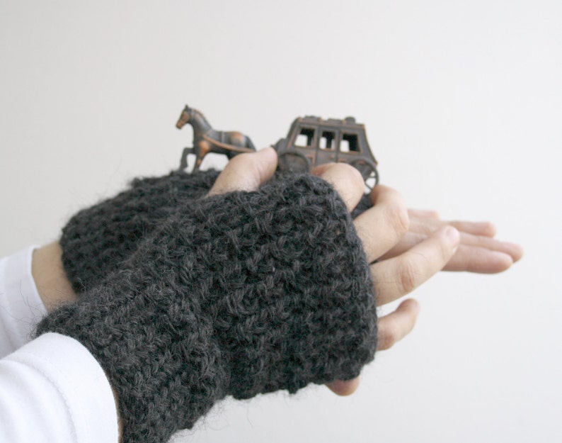 Unisex Charcoal Hand Knitted Fingerless Gloves For Men for women / Christmas gift / Under Usd 25 / Outdoors Gift image 1