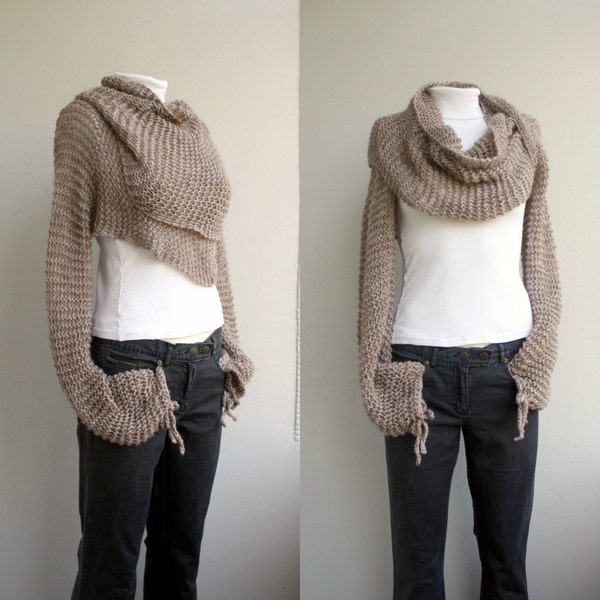 Original Sweater Scarf, Milky Brown Oversized Wrap Bolero, Cozy Knit  Sleeved Shawl, Winter Accessory For Women