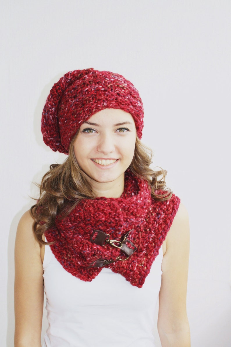Red Scarf / Hat Warm Set Knitted Scarf and Hat Oversized, Chunky Knit