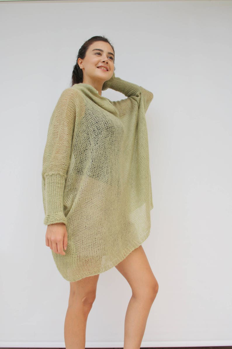 Light Green Loose Knit Angora TurtleNeck Sweater / Oversized Hand-Knitted Long Sleeves Poncho / Knitted Pullover Blouse / Clothing Gift image 3