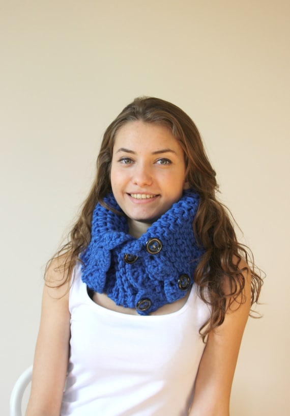 Buy Hand Knit Cobalt Blue Wool Cowl Scarf: Button Neckwarmer