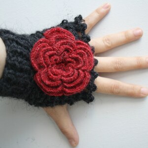 Black Fingerless Gloves With Red Rose Wedding Bridal Gloves Bridesmaids Gloves / Under Usd 50 / Christmas Gift / outdoors gift image 3