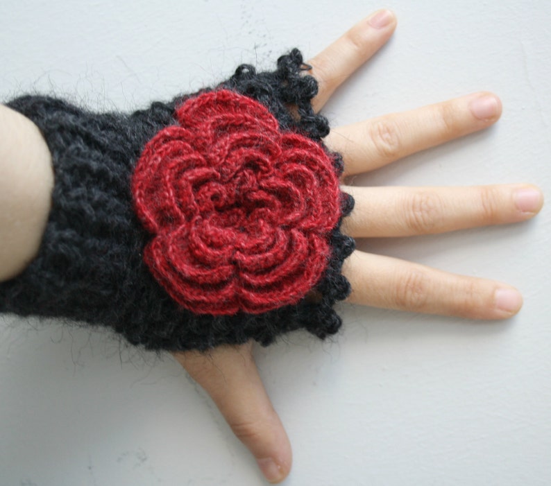 Black Fingerless Gloves With Red Rose Wedding Bridal Gloves Bridesmaids Gloves / Under Usd 50 / Christmas Gift / outdoors gift image 3