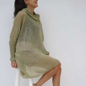 Light Green Loose Knit Angora TurtleNeck Sweater / Oversized Hand-Knitted Long Sleeves Poncho / Knitted Pullover Blouse / Clothing Gift image 8