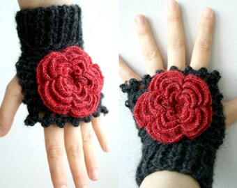 Black  Fingerless Gloves With Red Rose Wedding Bridal Gloves Bridesmaids Gloves / Under Usd 50 / Christmas Gift / outdoors gift