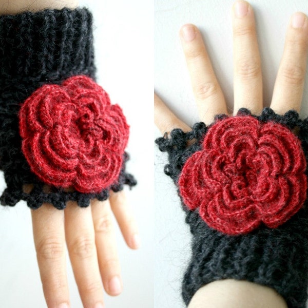 Black  Fingerless Gloves With Red Rose Wedding Bridal Gloves Bridesmaids Gloves / Under Usd 50 / Christmas Gift / outdoors gift