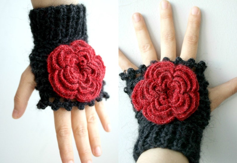 Black Fingerless Gloves With Red Rose Wedding Bridal Gloves Bridesmaids Gloves / Under Usd 50 / Christmas Gift / outdoors gift image 1