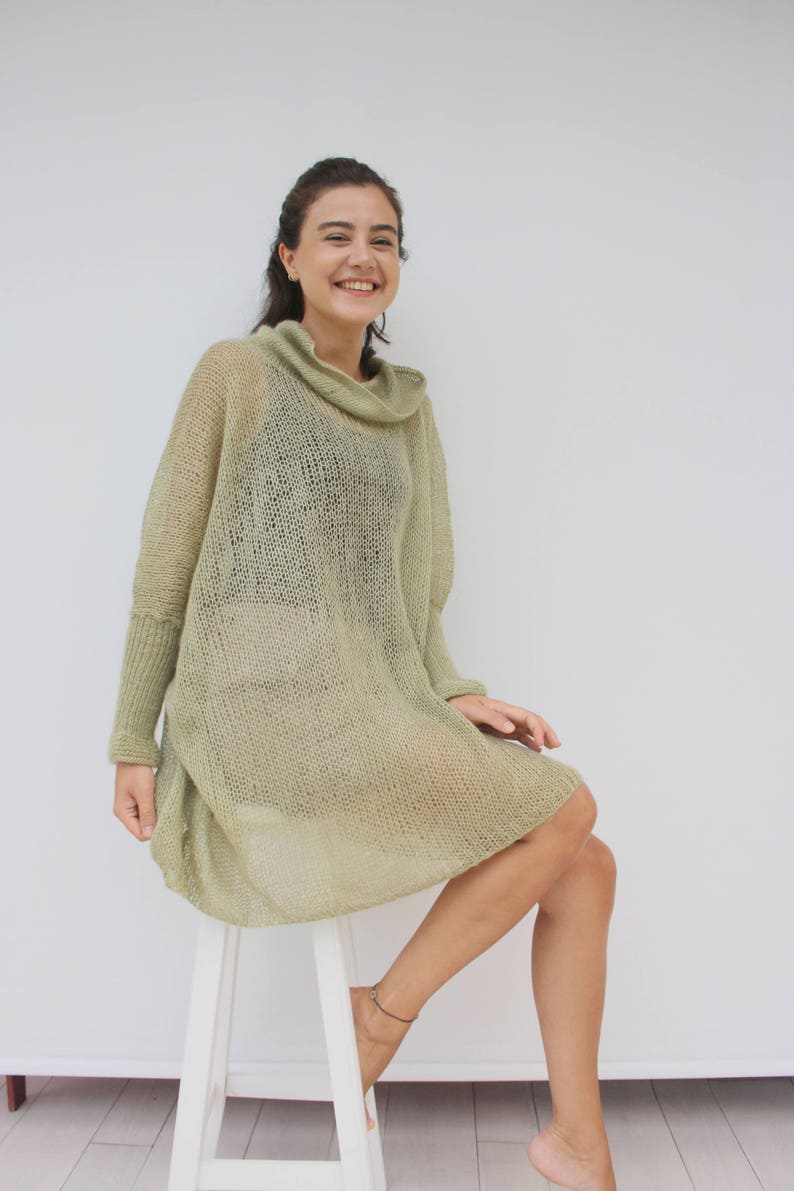 Light Green Loose Knit Angora TurtleNeck Sweater / Oversized Hand-Knitted Long Sleeves Poncho / Knitted Pullover Blouse / Clothing Gift image 1