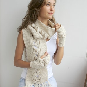 Beige Wool Scarf And Mittens Warm set Special Design By DenizGunes / Christmas gift / Outdoors Gift / Under Usd 100