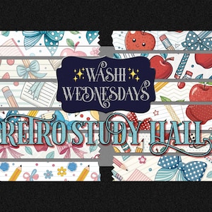 May include: A collection of washi tape rolls with a school theme. The tape features illustrations of apples, pencils, bows, and notebooks. The text "Washi Wednesdays" and "Retro Study Hall" is displayed on the image.