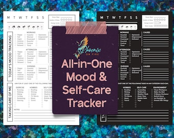 May include: A mood and self-care tracker with a purple background and the text "All-in-One Mood & Self-Care Tracker." The tracker includes sections for mood tracking, self-care tasks, and notes. The image also shows a black and white version of the tracker.