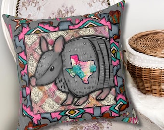 Armadillo with Texas Patch Pillow | Southwestern Cowboy Pattern Pillow