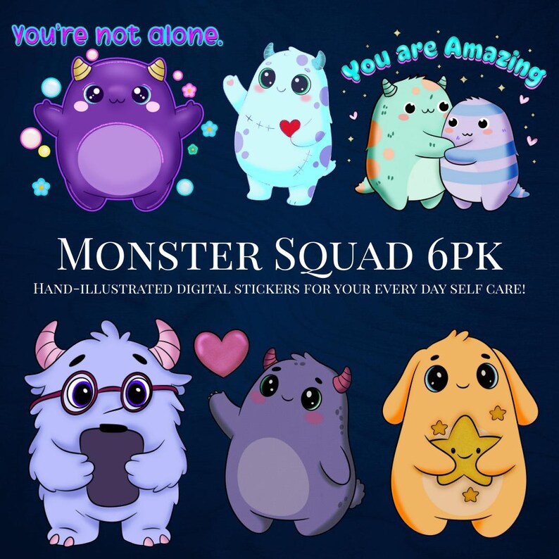 Kawaii Monster Stickers Digital PNG Bundle | Emotional Support Squad ...