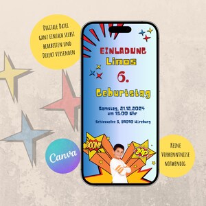 Digitale verjaardagsuitnodiging, bewerk je eigen uitnodigingskaart, kinderverjaardagsfeestje voor meisjes en jongens, superheld