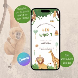 Invitation d'anniversaire numérique, modifiez votre propre carte d'invitation, fête d'anniversaire d'enfants pour filles et garçons, animaux de la jungle