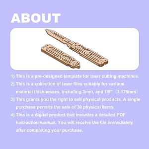 May include: Two wooden laser-cut templates, one resembling a key and the other a rectangular shape with intricate designs. The word "ABOUT" is at the top. The image includes text about the product, including its use for laser cutting machines.