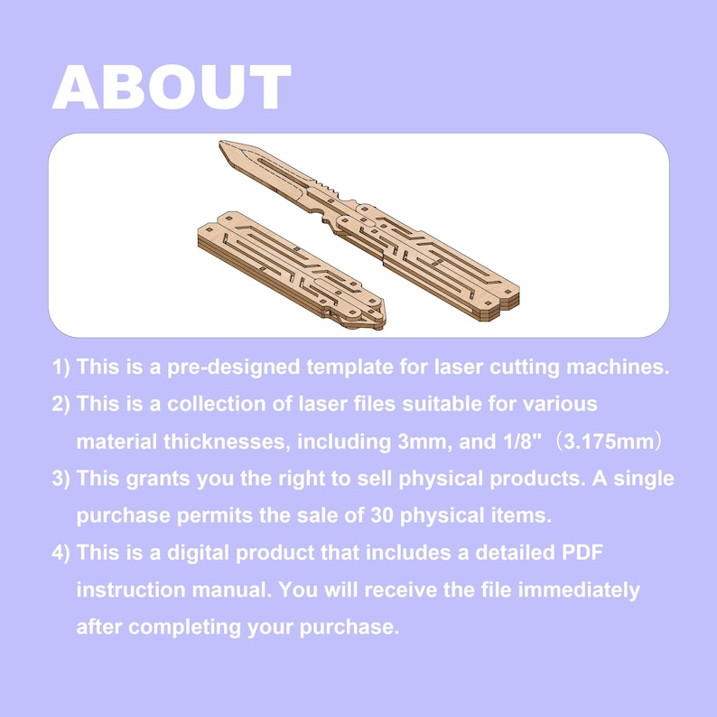 May include: Two wooden laser-cut templates, one resembling a key and the other a rectangular shape with intricate designs. The word "ABOUT" is at the top. The image includes text about the product, including its use for laser cutting machines.
