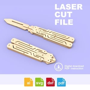 May include: Two wooden laser-cut butterfly knife models, one open and one closed, on a light purple background. The text "LASER CUT FILE" is at the top. Below the knife is a digital download icon and the text "Digital download PDF-instruction".