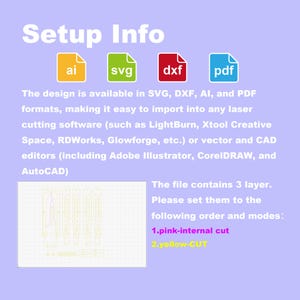 May include: A graphic with the text "Setup Info" and icons for AI, SVG, DXF, and PDF files. The text explains the design is available in multiple formats for laser cutting software and vector editors. Instructions for layers are also included.