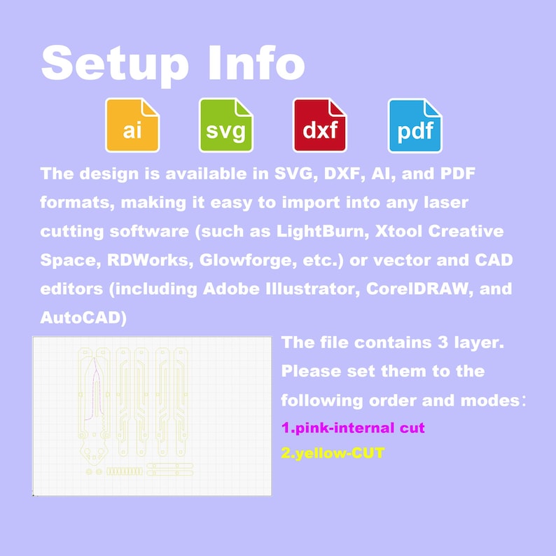 May include: A graphic with the text "Setup Info" and icons for AI, SVG, DXF, and PDF files. The text explains the design is available in multiple formats for laser cutting software and vector editors. Instructions for layers are also included.