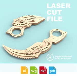 May include: Two wooden karambit knives, laser cut from light-colored wood, are displayed against a light blue background. The knives have a curved blade and a finger ring. The text "LASER CUT FILE" is at the top. Below the knives is a digital download icon.