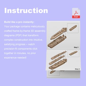 May include: Diagrams showing the assembly of a wooden object, with the word "Instruction" at the top. The diagrams are labeled "Step 3" and "Step 4". A PDF icon is in the upper right corner.
