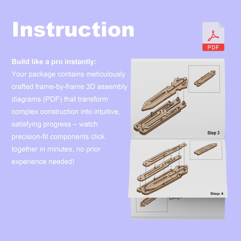May include: Diagrams showing the assembly of a wooden object, with the word "Instruction" at the top. The diagrams are labeled "Step 3" and "Step 4". A PDF icon is in the upper right corner.