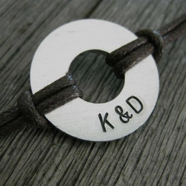 Men's Bracelet with 2 custom initials, Large ALUMINUM Disc with BROWN cord, MB 107