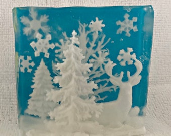 3d Christmas Tree Soap, Winter Scene Soap, Decorative Soap, Bathroom Decor, Deer in Winter Snow, Door Prize, 3d Soap, Wedding Gift, Teacher