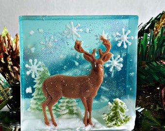 Soap, Reindeer Embedded Soap, Unique Soap, Christmas Soap, Decorative Soap, Winter Scene, Over-Sized Bath Bar, Soap Art, Conversation Soaps