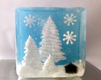 Winter Scene Soap, Christmas Trees, Cabin in the Woods, Snow Scene, Snow Storm, Decorative SoapSoap Art, Bath Decor