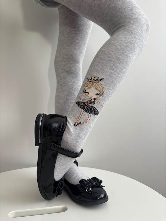 Girls Gray Cotton Tights: Ballerina Design Girls Gray Cotton Tights: Ballerina Design