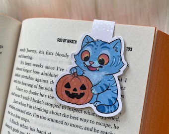 Holographic Halloween Bookmark – Blue Tiger with Jack-O’-Lantern