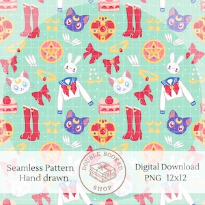 May include: Seamless pattern featuring Sailor Moon-themed illustrations. The design includes red boots, bows, cat faces, heart-shaped brooches, and sailor suit tops on a light green grid background. The words "Seamless Pattern" and "Hand drawn" are visible.