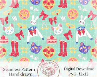 Magical Moon Princess Girl Seamless Pattern PNG Bundle, Kawaii Hand Drawn Art, Cute Anime Print, Scrapbook, Fabric, Background, Sublimation