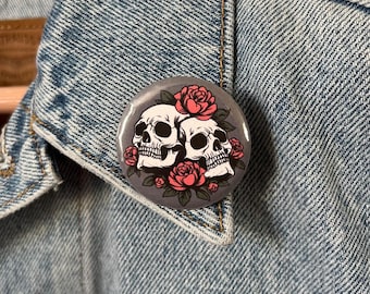 Two Skulls and Rose button pin, dark romance, pinback button, 37mm/1.5 inch (Medium) pin, lanyard badge, booktok merch, tote bag, jacket