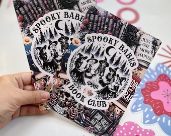 Gothic Halloween Kindle Insert, Scrapbook Style Witches Reading Around Campfire, “Spooky Babes Book Club,”