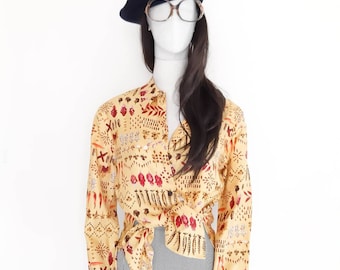 VTG Laurel verduras impresas blusa de sarga de seda (tamaño FR36)