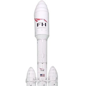 May include: A white model of a Falcon Heavy rocket with the SpaceX logo and "FH FALCON HEAVY" text on the side. The rocket has three boosters and a central core.