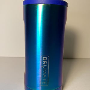 May include: A blue and green iridescent stainless steel can cooler with a blue lid and the word "BRÜMATE" printed on the side.