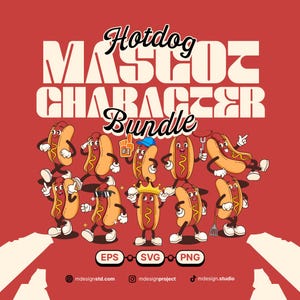 Hotdog Cartoon Character Bundle, SVG Maskottchen Illustration, PNG Aufkleber, Lebensmittel und Getränke Digital Objekt, Vintage Clipart.
