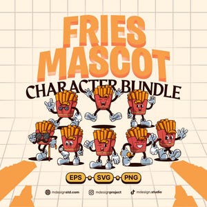 French Fries Cartoon Character Bundle, SVG Mascot illustration, PNG sticker, Food and Beverage Digital Asset, Vintage Clipart.