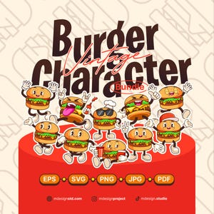 Burger Cartoon Character Bundle, SVG Mascot illustration, PNG sticker, Food and Beverage Digital Asset, Vintage Clipart.