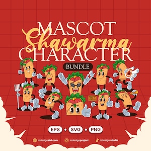 Shawarma Cartoon Character Bundle, EPS Mascot illustration, PNG sticker, Food and Beverage Digital Asset, Vintage Clipart.
