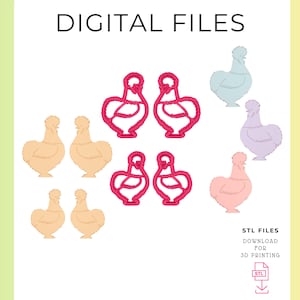 Może przedstawiać: Pliki cyfrowe z wzorami w kształcie kurczaka w różnych kolorach, w tym różowym, brzoskwiniowym i niebieskim. Obraz zawiera tekst "DIGITAL FILES" na górze i "STL FILES" z instrukcjami pobierania na dole. Projekty są przeznaczone do druku 3D.