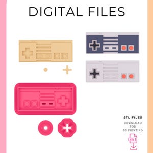 May include: Digital files for 3D printing of a retro video game controller in various colors, including pink, beige, gray, and blue. STL files are included for download.