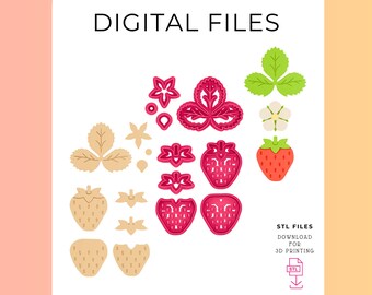 Puede incluir: Archivos digitales para impresión 3D con diseños de fresas. Incluye formas de fresas, hojas, flores y otros elementos en rosa, verde y beige. El texto "DIGITAL FILES" está en la parte superior.