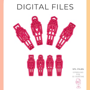 May include: Digital files for 3D printing of six nutcracker soldier designs. The nutcrackers are outlined in pink and are in various poses.