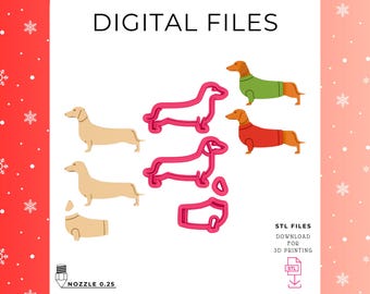 セーターを着たクリスマスのダックスフント ポリマークレイカッタースタンプファイルセット：ノズル0.25、0.2（デジタルSTLファイル）35 mm
